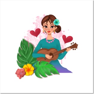 Girl playing a ukulele Posters and Art